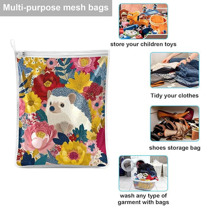 Mesh Laundry Bags Lingerie Bags for Washing Delicates 2 PCS Durable Wash Bag with Zipper Small and Medium Washable Garden Flowers Hedgehogs Colorful