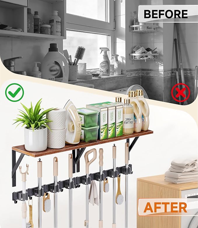 Broom Holder Wall Mount with Organizer Shelf, Space-Saving Broom and Mop Organizer Wall Hanging with 4 Broom Slots 5 Removable Hooks, Laundry Room Shelves for Laundry Room, Garage, Garden, Closet