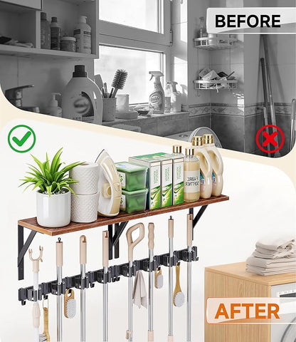 Broom Holder Wall Mount with Organizer Shelf, Space-Saving Broom and Mop Organizer Wall Hanging with 4 Broom Slots 5 Removable Hooks, Laundry Room Shelves for Laundry Room, Garage, Garden, Closet