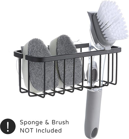 SunnyPoint NeverRust Deluxe Kitchen & Bathroom Sink Sponge Holder Organizer with Adhesive Mount - Additional Suction Cup Included – Sponge & Brush NOT Included – 7.4 x 3.3 x 2.75 Inch, BLK (Pack of 2)