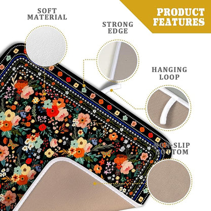 Black Flowers Dish Drying Pad Boho Floral Washable Microfiber Kitchen Mat for Home Decor