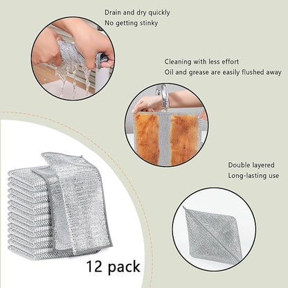 12 Pcs Non Scratch Wire Dishcloth，Multi Purpose Wire dishwashing Rags for Wet and Dry, Reusable Kitchen Wire Cleaning Cloths for Dishes, Sinks, Stove Tops