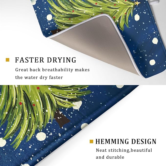 Christmas Tree Dish Drying Mat 18 x 24 Inch With Absorbent Reversible Microfiber Navy Blue Green Xmas Snowflake Drying Mats Winter Holiday Dish Drainer Mat Fast Dry For Kitchen Dining Room Decoration