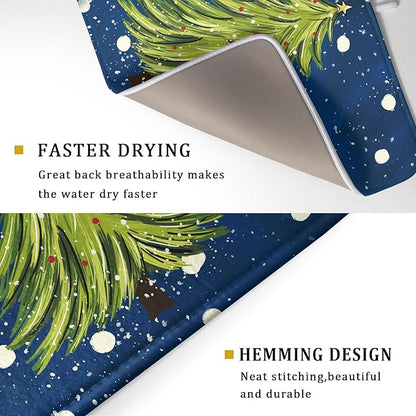 Christmas Tree Dish Drying Mat 18 x 24 Inch With Absorbent Reversible Microfiber Navy Blue Green Xmas Snowflake Drying Mats Winter Holiday Dish Drainer Mat Fast Dry For Kitchen Dining Room Decoration