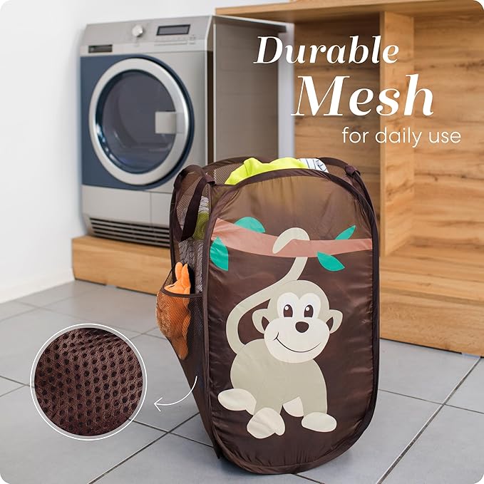 Handy Laundry Collapsible Mesh Pop Up Laundry Hamper with Side Pocket – Breathable, Space-Saving, Foldable Basket for Clothes, Toys, Travel & Storage, 14 x 13 x 24 in, Monkey