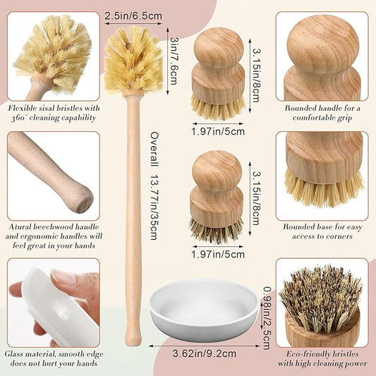 10 Pieces Wooden Dish Brush Set Bamboo Dish Brush Wood Bottle Brush with Replacement Heads for Dishes, Wide Mouth Bottles, Cups and Jars