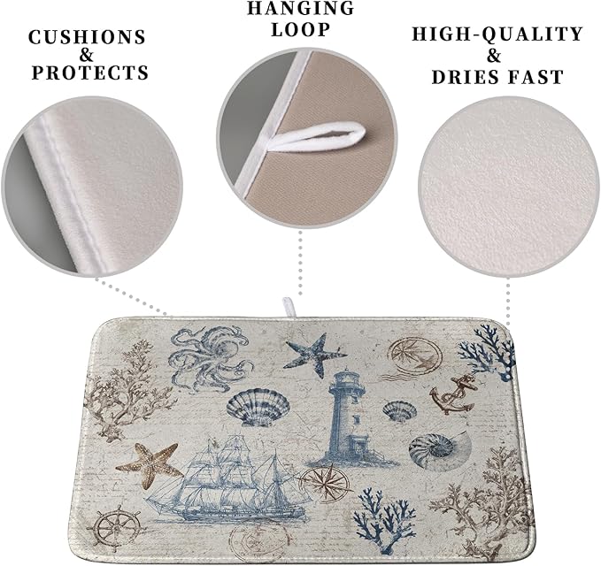 Nautical Coastal Dish Drying Mat for Kitchen Counter Summer Ocean Sailboat Starfish Seashell Absorbent Microfiber Dish Mat Reusable Washable Dish Drainer Rack Mat 16x18 Inch