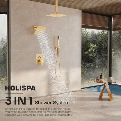 Gold Shower System, Shower Faucet Set with 3 In 1 Push Button Valve, Shower Faucet included 10" Ceiling Shower Head and 8" Wall-Mount Shower Head with Handheld Spray, Brushed Gold