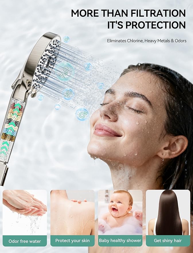 Magichome Filtered Shower Head with Handheld, High Pressure 10-Spd Detachable Chrome Showerhead with Stainless Hose, Water Softener Filter Beads for Hard Water - Remove Chlorine, Brushed Nickel-Silver