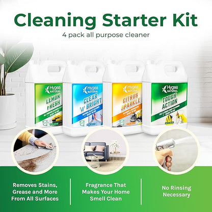 Hygea Natural Cleaning Starter Kit - 1 Gallon - Eco-Friendly Household Cleaners - Degreaser, All Purpose Cleaner, Glass Cleaner, & Tile and Grout Cleaner - Kids & Pet-Friendly (4 Pack)