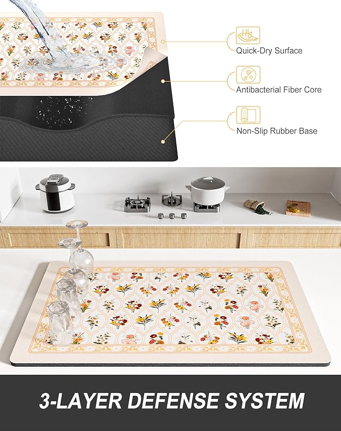Rnivvi Dish Drying Mat for Kitchen Counter, 12 x 19" Cute Flower Theme Super Absorbent Draining Pad, Non-Slip Heat Resistant Coffee Bar Mat for Coffee Machine Station Accessories, Beige Dish Rack Pad