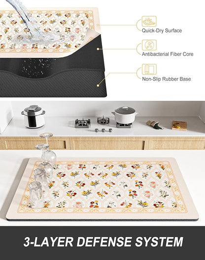 Rnivvi Dish Drying Mat for Kitchen Counter, 12 x 19" Cute Flower Theme Super Absorbent Draining Pad, Non-Slip Heat Resistant Coffee Bar Mat for Coffee Machine Station Accessories, Beige Dish Rack Pad