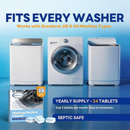 Washing Machine Cleaner Tablets - 24 Count, Deep Cleaning Descaler for Front & Top Load Washers | Removes Odor & Residue | Easy-to-Use Cleaning Tabs for Monthly Maintenance