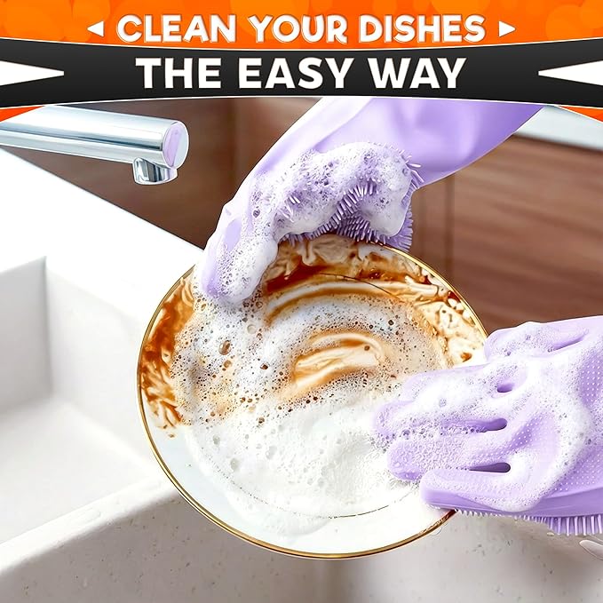 ALPENKOK Silicone Dishwashing Gloves with Scrubber – Non-Slip Silicone Gloves wor Washing Dishes | Household Use