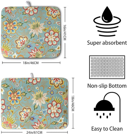 Boho Floral Kitchen Dish Drying Mat for Dishes 16x18 Inch Vintage Mandala Colorful Flowers Drying Mat Green Bohemian Dish Drainer Mat Super Absorbent Dish Rack Pad for Coffee Bar Sinks