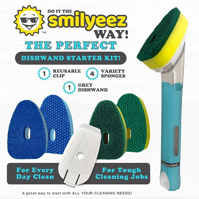 Smilyeez Soap Dispensing Dishwand (Light Blue) with Ergonomic Handle and 4 No-Plastic Sponges - Effortless Cleaning and Long-Lasting Durability - Kitchen and Dishwashing Essential