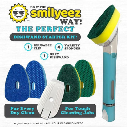 Smilyeez Soap Dispensing Dishwand (Light Blue) with Ergonomic Handle and 4 No-Plastic Sponges - Effortless Cleaning and Long-Lasting Durability - Kitchen and Dishwashing Essential