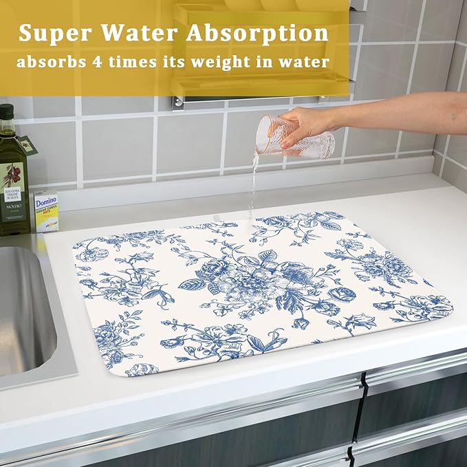 Vintage Blue Floral Dish Drying Mat for Kitchen Counter 18x24 Inch Chinoiserie Flowers Absorbent Reversible Microfiber Dish Pad Dish Drainer Rack Mats Countertops Protector Mat