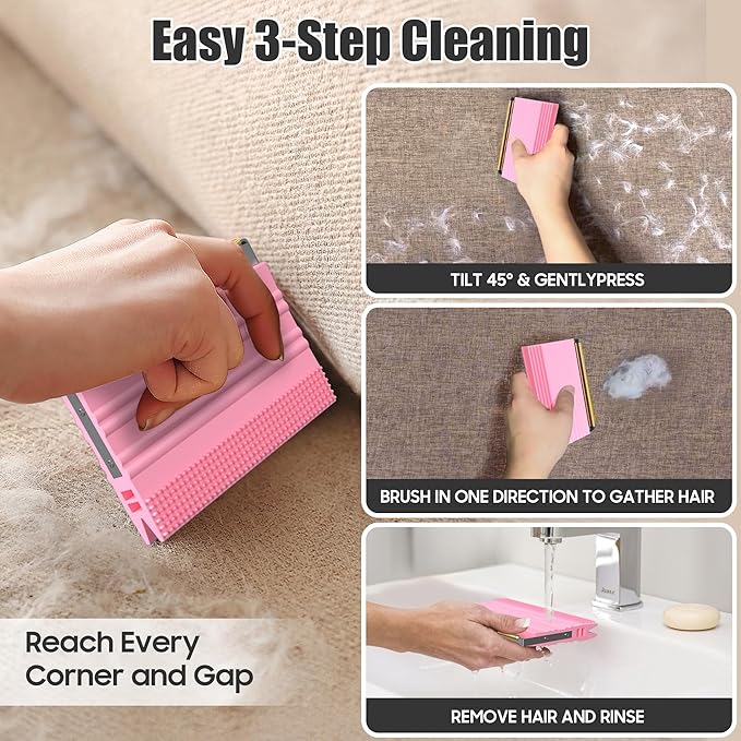 Mini Pet Hair Remover – 2025 Reusable Carpet Rake & Fur Scraper for Furniture, Car Interior, Hair Remover Brush for Bed, Couch, Home Surfaces Pink