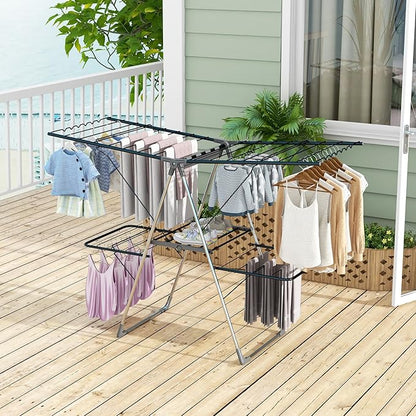 Giantex Clothes Drying Rack, Foldable Laundry Drying Rack with 33 Drying Rails, 3-Level Adjustable Height, Versatile Clips, Wave-Shaped Bars, Collapsible Freestanding Airer for Indoor Outdoor
