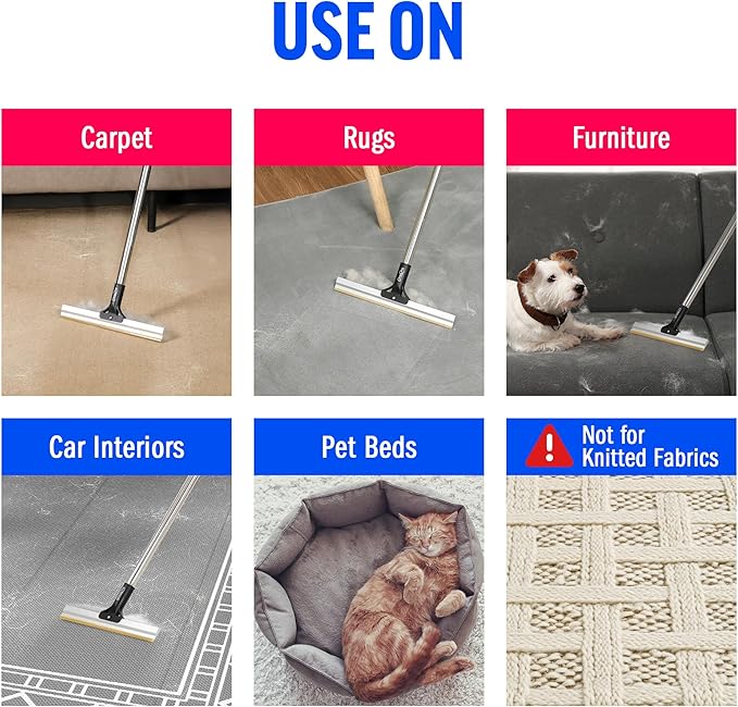 ChomChom Carpet Rake – Adjustable Pet Hair Remover Tool Up to 64 in Long – Deep Clean Embedded Pet Hair with Teeth Technology – Reusable, Quiet – for Carpets, Stairs, Rugs, Pet Beds, Cars & More