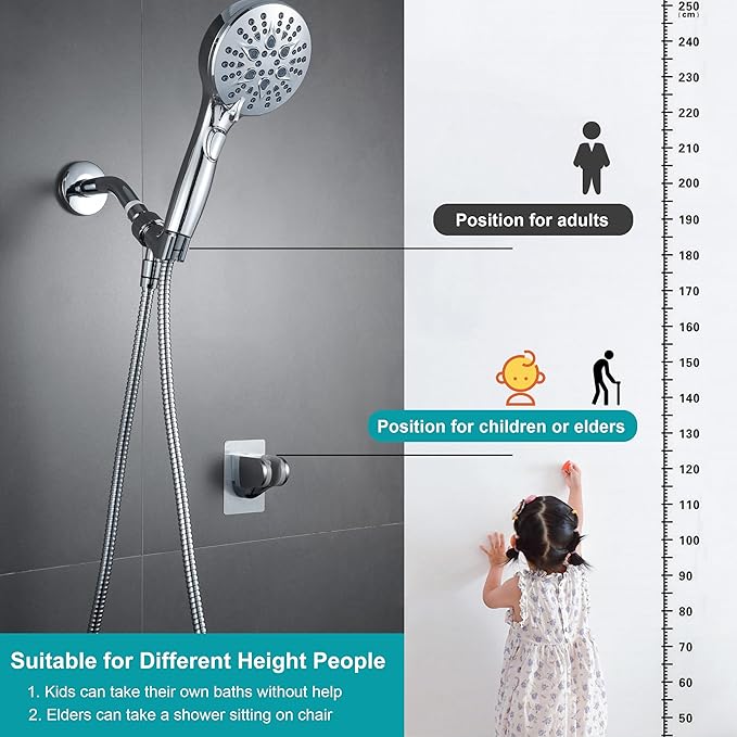 Handheld Shower Head with on off Switch&Built-in Power Spray,7-Setting High Pressure Spray Shower Wand with 79in Long Hose&Bracket and Extra Adhesive Shower Holder for Lower Mount,Chrome
