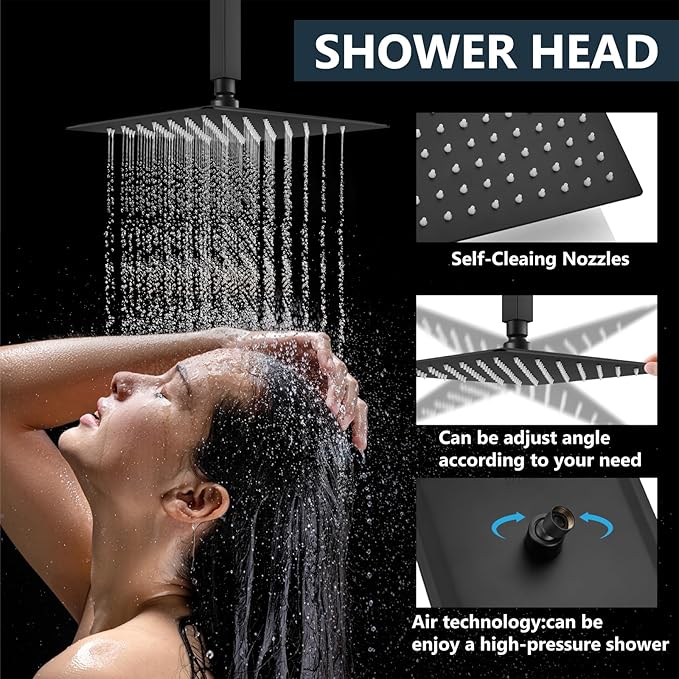Aolemi Ceiling Mount Rain Shower Head & Handheld Spray with Robust Valve & Trim Kit - Matte Black, 8 Inch Head