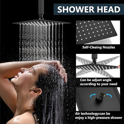 Aolemi Ceiling Mount Rain Shower Head & Handheld Spray with Robust Valve & Trim Kit - Matte Black, 8 Inch Head