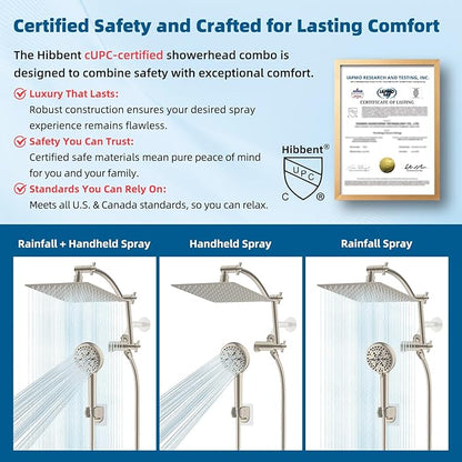 Hibbent All Metal cUPC Certified Shower Head, 10'' High Pressure Rain Shower Head, Handheld Showerhead Combo with 16'' Adjustable Extension Arm, 10 Sprays, 71'' Hose, Showerhead Holder, Brushed Nickel