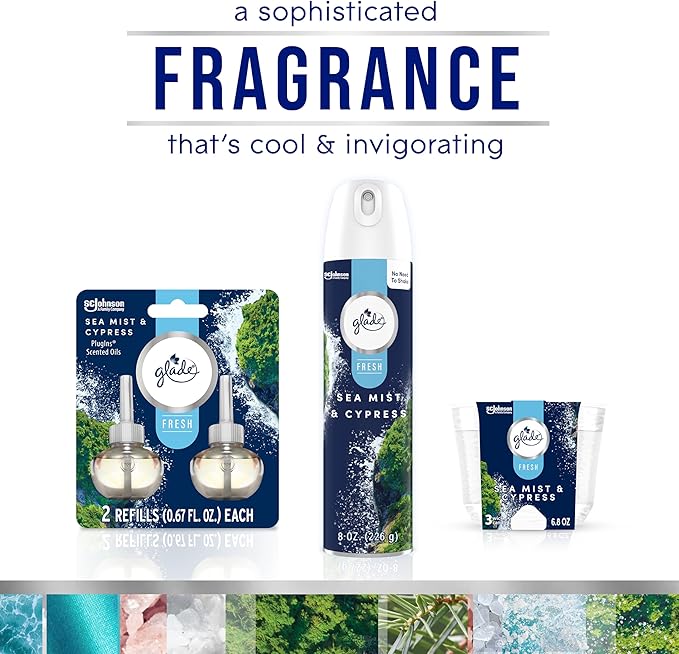 Glade PlugIns Refills Air Freshener, Sea Mist & Cypress, Scented and Essential Oils for Home and Bathroom, 0.67 Fl Oz, 2 Count