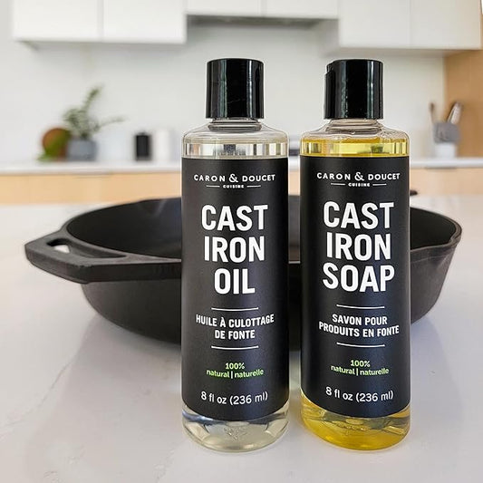 CARON & DOUCET - Cast Iron Cleaning & Conditioning Set: Seasoning Oil & Cleaning Soap | 100% Plant-Based | Best for Washing, Restoring & Seasoning Cast Iron Skillets, Pans & Grills! 8oz Each