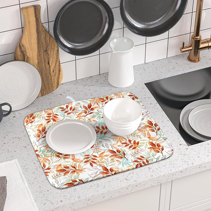 Fall Dish Drying Mat for Kitchen Counter 16x18 Burnt Orange Leaves Autumn Harvest Theme Thanksgiving Absorbent Reversible Microfiber Drying Mats Kitchen Countertop Protector Dishes Drainer Pad