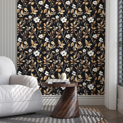 Vintage Black Peel and Stick Wallpaper – Black and Gold Floral Leaf Design Dark Metallic Self-Adhesive Vinyl Contact Paper for Bedroom, Cabinet, Drawer, Shelf Removable Wall Paper 17.5" x 118"