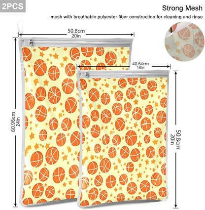 Mesh Laundry Bags Lingerie Bags for Washing Delicates 2 PCS Durable Wash Bag with Zipper Small and Medium Washable Orange Basketball and Stars
