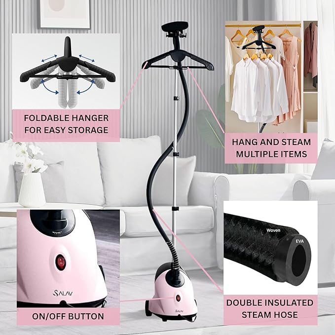 SALAV GS18-DJ Standing Garment Steamer with Roll Wheels for Easy Movement, 1.8L Water Tank for 1 Hour Continuous Steaming, Adjustable Pole for Storage, Includes Descaler Packet, 1500 watts - Pink