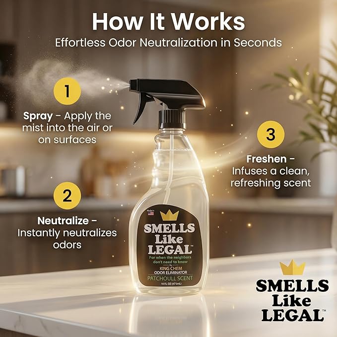 Smells Like Legal™ Patchouli Odor Eliminator Spray – Powerful Commercial-Grade – Eliminates Smoke, Pet & Food Odors at source – Fabric-Safe, Non-Staining – Biodegradable Air & Fabric Freshener – 16 oz