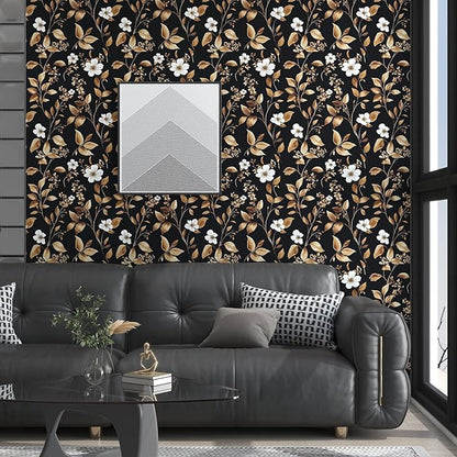 Extra Long Vintage Gold Wallpaper, 17.5" x 393" Classic Black and Gold Floral Self-Adhesive Vinyl Contact Paper for Bedroom, Powder Room, Countertop, Removable Antique Dark Metallic Home Decor