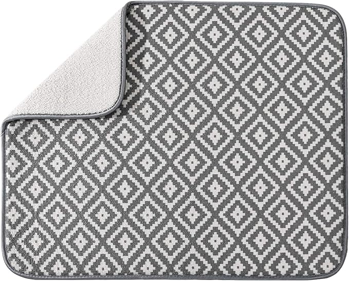 SUBEKYU Microfiber Dish Drying Mat for Kitchen Counter, Absorbent Dishes Drainer/Rack Pad for Countertop, 19.2 by 15.8 Inches (Rhombus), Grey, 1 Pack