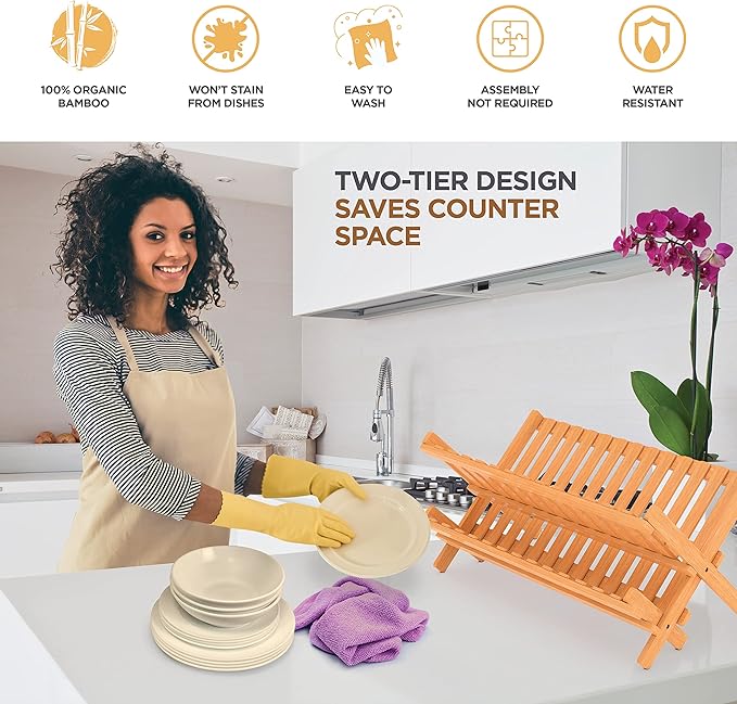 Dish Drying Rack - Collapsible Bamboo 2 Tier Foldable Wooden Dish Drainer for Countertop, Plates Cups Bowls Utensils, Eco Friendly Folding Bamboo Dish Rack for Kitchen Home Apartment RV - by Bambusi