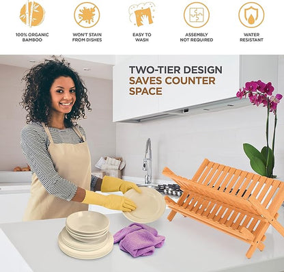 Dish Drying Rack - Collapsible Bamboo 2 Tier Foldable Wooden Dish Drainer for Countertop, Plates Cups Bowls Utensils, Eco Friendly Folding Bamboo Dish Rack for Kitchen Home Apartment RV - by Bambusi