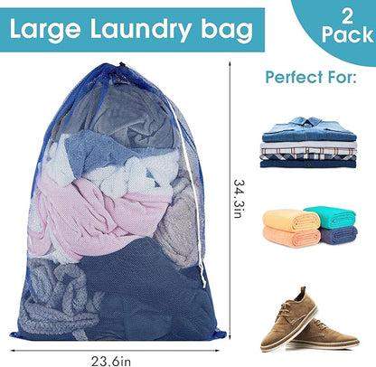 2 Pack Mesh Laundry Bags, 23 x 34 Inches Heavy Duty Mesh Laundry Bag, Large Laundry Drawstring Bag for College, Dorm, Travel, Family and Apartment Dwellers, Blue