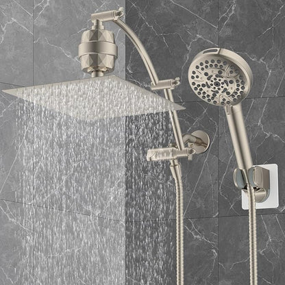 Hibbent All Metal 12'' Filtered Rainfall Shower Head Combo, High Pressure Handheld Shower Head with 16'' Adjustable Extension Arm, 20 Stage Shower Filter, 10-spray, 71'' Shower Hose, Brushed Nickel