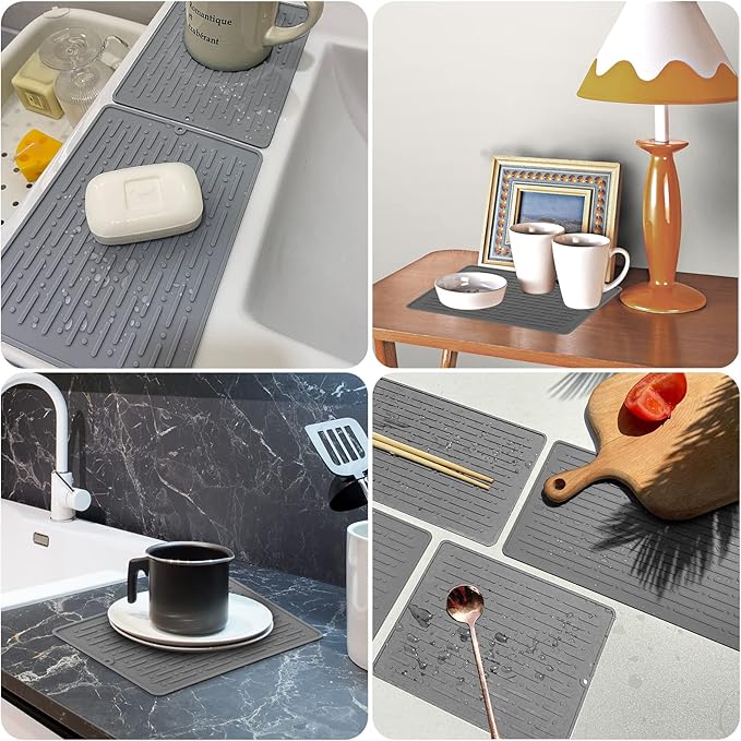 GeeRic Dish Drying Mats, Heat-resistant Silicone Mat for Kitchen Counter, Non-Slip Dish Dry Mat Dishwasher Safe Small, Gray