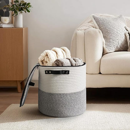 Storage Basket with Lid, 15"x13" Round Woven Blanket Storage for Living Room, Soft Cotton Rope Bin with Zipper Top, Shoe Basket with Lid for Entryway, Floor Kids Dog Toy Bin Box with Cover
