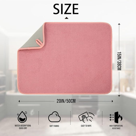 2 Pack Microfiber Dish Drying Mat for Kitchen Counter,Ultra Absorbent Dish Drainer Mat ,Dish Drying Pad , Dish Rack Mat 20×15 Inch (Pink)