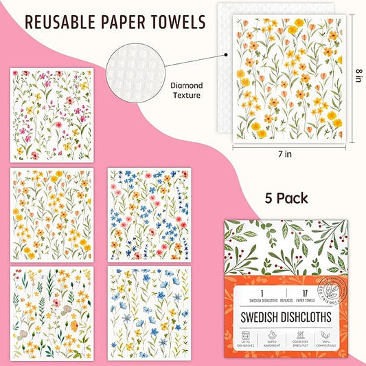 Swedish Dishcloths for Kitchen, 5 Pack Flowers Reusable Paper Towels Washable, Super Absorbent Swedish Dish Cloths, Biodegradable, Non-Scratch, No Odor