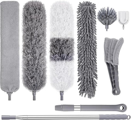 Microfiber Feather Duster Kit, 9PCS Dusters for Cleaning with 100-inch Extendable Pole, Bendable Reusable Washable Cobweb Duster for High Ceilings and Fans, Blinds, Cars and Furniture