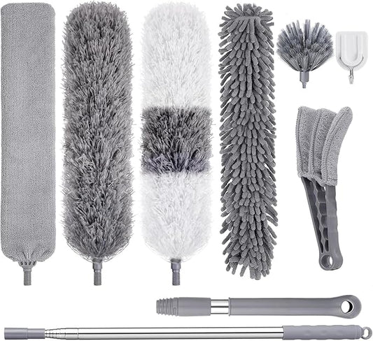 Microfiber Feather Duster Kit, 9PCS Dusters for Cleaning with 100-inch Extendable Pole, Bendable Reusable Washable Cobweb Duster for High Ceilings and Fans, Blinds, Cars and Furniture
