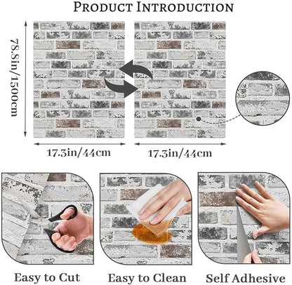 Brick Wallpaper Peel and Stick Wallpaper 17.3"x590" Grey and White 3D Brick Wallpaper Self Adhesive Vintage Wallpaper Removable Textured Contact Paper for Fireplace Kitchen Home Decoration Vinyl