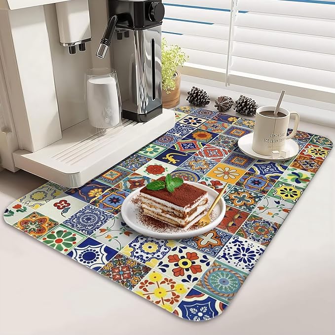 Dish Drying Mat for Kitchen Counter 2 Pack with Non-Slip Rubber Backing - Heat-Resistant Absorbent Coffee Bar Mat, Dish Rack Mat, Talavera Mexican Tiles Dish Drying Mats 18x24+19.5x12 inch